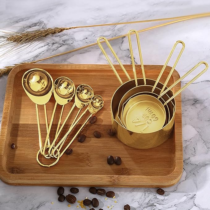 Gold Measuring Cups and Spoons Set, 8 PCS Metal Measuring Cups and Stainless Steel Measuring Spoons Set for Kitchen