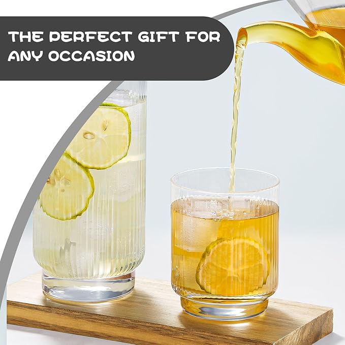 Set of 8 Ribbed Glass Cups with Crystal Base,4 Highball Glasses 18oz & 4 Rocks Drinking Glasses 9oz, Art Deco, for Water, Iced coffee, Cocktail, Juice, Whiskey, Wine, Gift