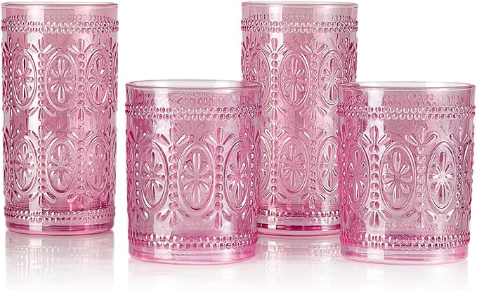 Darlion Pink Glassware Set of 4, Vintage Drinking Glasses, Colored Glassware Drinking, Highball Embossed Beverage Glasses Cup for Party Wedding Home Office and Gift (2pcs12oz+2pcs10oz