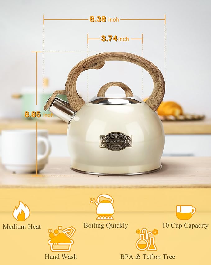 Hauce Radio Teapot for Stovetop, 2.1 Quart Stove Top Whistling Tea Kettle, Teapot Kettles with Food Grade Stainless Steel and Wood Pattern Folding Handle, Suitable for All Heat Sources