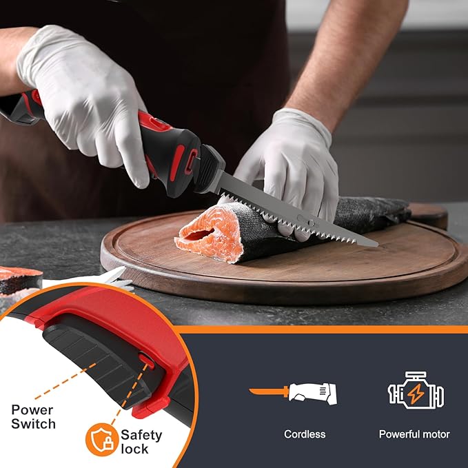 VLOXO Electric Fillet Knife, Cordless Fillet Knife with 4 Stainless Steel Blades Safety Lock Non-Slip Grip Handle Storage Case Rechargeable Electric Knives for Filleting, Meat, Bread, Turkey
