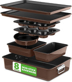 NutriChef 8-Piece Nonstick Stackable Bakeware Set - PFOA, PFOS, PTFE Free Baking Tray Set w/Non-Stick Coating, 450°F Oven Safe, Round Cake, Loaf, Muffin, Wide/Square Pans, Cookie Sheet (Brown)
