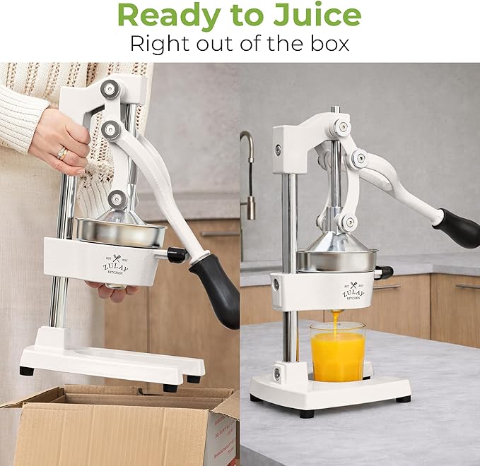 Zulay Kitchen Cast Iron Juicer - Easy-to-Clean Heavy-Duty Manual Juicer, Professional Citrus Juicer - Stainless Steel Lemon Squeezer - Manual Citrus Press & Orange Squeezer - Orange Juicer – White