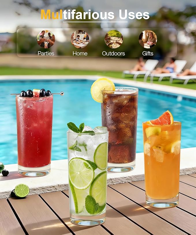 LUNA & MANTHA Drinking Highball Glasses Set of 6, Water Glasses 16 oz, Wide Mouth Design Lead-Free Crystal Glassware, Tall Glass Cups for Mojito and Tom Collins, Cocktail