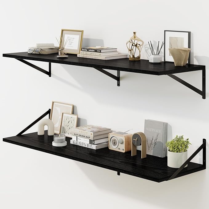 Fun Memories Floating Shelves for Wall, 12 Inch Deep Floating Shelves Set of 2, 48W x 12D Large Wall Shelf with Sturdy Metal Brackets for Living Room, Bathroom, Bedroom and Kitchen, Black