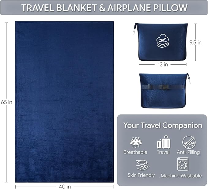 Travel Blanket, Soft 2-in-1 Airplane Blanket, 65x40 Inches, Travel Blanket Airplane Compact with Bag, Car Blanket with Luggage Sleeve & Backpack Clip (Navy Blue)