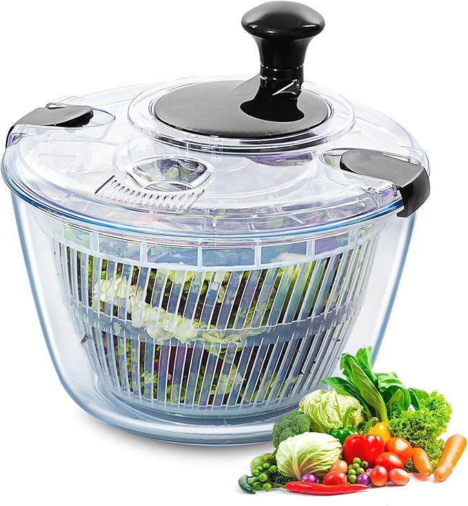 VEVOR Glass Salad Spinner, 4.75Qt, One-handed Easy Press Large Vegetable Dryer Washer, Lettuce Cleaner and Dryer with High Borosilicate Glass Bowl Lid, for Greens, Herbs, Berries, Fruits, No BPA