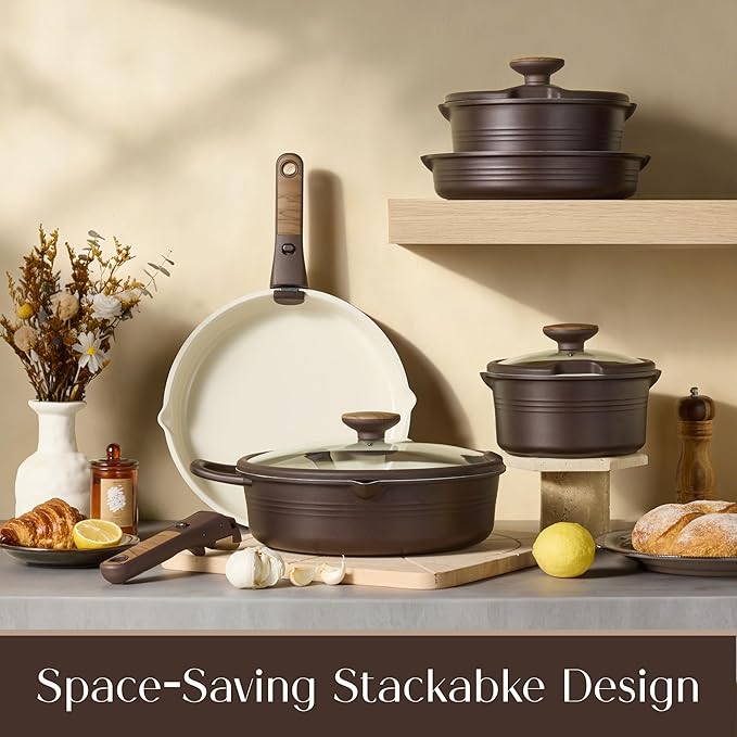 CAROTE 22Pcs Titanium Cookware Set, Pots and Pans Set Non Stick, Kitchen Cooking Set with Detachable Handle, Non Toxic Induction Cookware, Dishwasher/Oven Safe, Browm