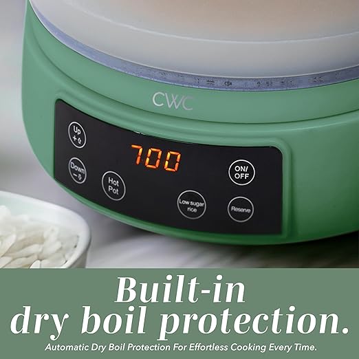 COOK WITH COLOR 3L Glass Mini Low Carb Rice Cooker – Holds 2 Cups Raw/Makes 6 Cups Cooked with Auto Lift Filter Basket, Hotpot & Steamer for Rice, Grains, Digital Panel with Keep Warm, Dark Sage