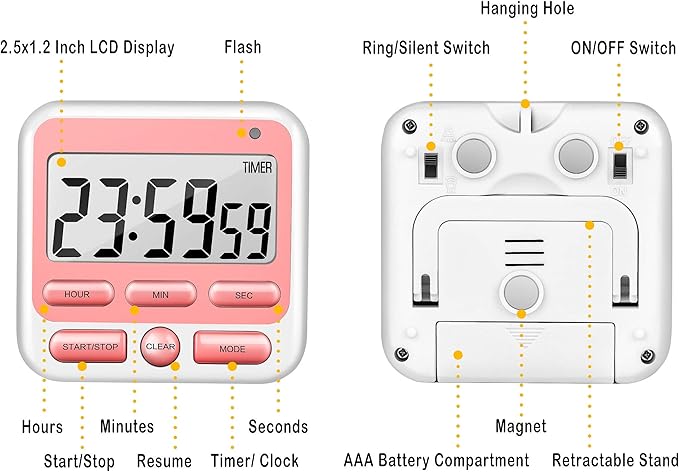 KTKUDY Digital Kitchen Timer with Mute/Loud Alarm Switch ON/Off Switch, 12-Hour Clock & Alarm, Memory Function Count Up & Count Down for Kids Teachers Cooking, Large LCD Display, Strong Magnet (Pink)