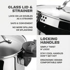 GOTHAM STEEL 8 Qt Nonstick Pasta Pot with Strainer Lid, Stainless Steel Stock Pot, Twist & Lock Handles, 2 Strainer Sizes, PFOA Free, for Soup & Spaghetti, Induction Ready, Oven & Dishwasher Safe