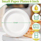 6 inch Paper Plates - 100 Pack, Compostable, Small White Plates for Dessert, Cake, Appetizer