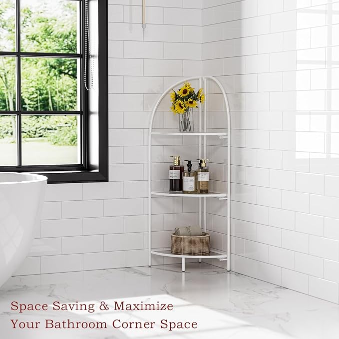 Crofy Foldable 3 Tier Corner Shelf, Metal Corner Plant Stand with White Frame and Transparent Shelves, Corner Display Rack Multipurpose Shelving Unit for Living Room, Bedroom, Bathroom