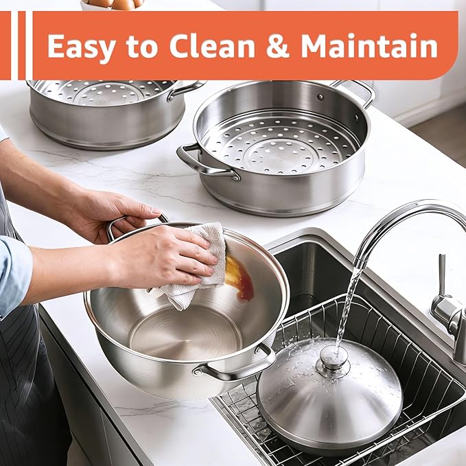 LOLYKITCH 8-Quart/ 30CM Stainless Steel Steamer Pot - 3 Tier Steamer for Cooking Dumplings & Veggies, 12 Inch Large Induction Stock Pot for All Stovetops, Heavy Duty