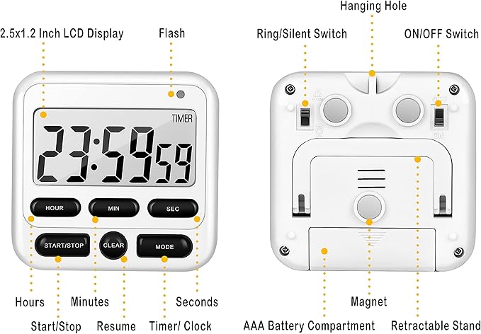 KTKUDY Digital Kitchen Timer with Mute/Loud Alarm Switch ON/Off Switch, 12-Hour Clock & Alarm, Memory Function Count Up & Count Down for Kids Teachers Cooking, Large LCD Display, Strong Magnet (White)