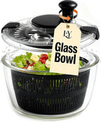 Large 5.2 Qt Glass Salad Spinner Vegetable Dryer with Drain Microwave Safe Dishwasher Safe with Transparent Lid Crank Handle Quick Spin Greens Washer for Lettuce Herbs Fruits (black)