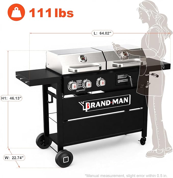 Brand-Man Propane Gas and Charcoal Grill Combo, Dual Fuel BBQ Combo Grill with Stainless Steel Dual Lids & 2 Side Shelves for Outdoor Kitchen & Backyard Barbecue Cooking