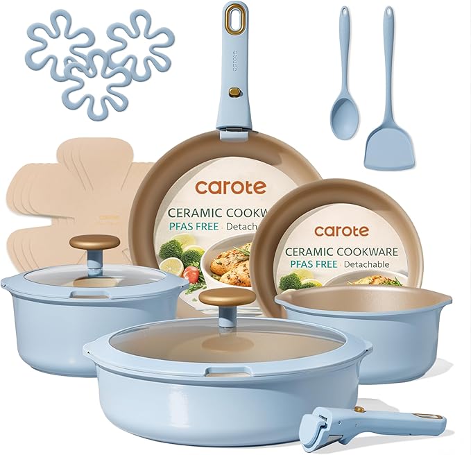 CAROTE 18Pcs Pots and Pans Set, Titanium kitchen Pan Set, Nonstick Cookware Set Detachable Handle, Induction kitchen cookware Non Stick, RV Cookware Sets, Oven Safe, Blue