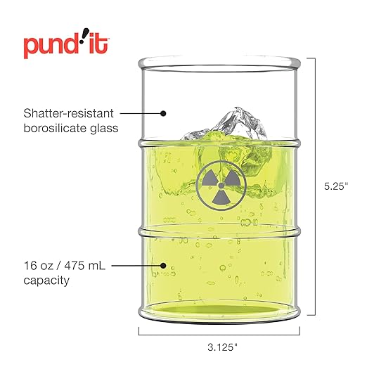 Pund'it Polluted Shatter Resistant Halloween Drink Glasses, Set of 2, 16oz Radioactive Barrel Themed Cocktail and Soda Glasses