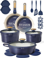 CAROTE 22Pcs Titanium Cookware Set, Pots and Pans Set Non Stick, Kitchen Cooking Set with Detachable Handle, Non Toxic Induction Cookware, Dishwasher/Oven Safe，Blue