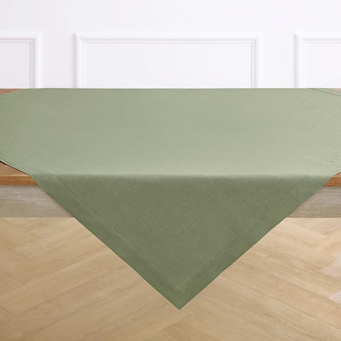 Solino Home Linen Square Tablecloth 52 x 52 Inch - 100% Pure Linen Oil Green Table Throw - Fete, Machine Washable Table Cloth for Christmas, New Year