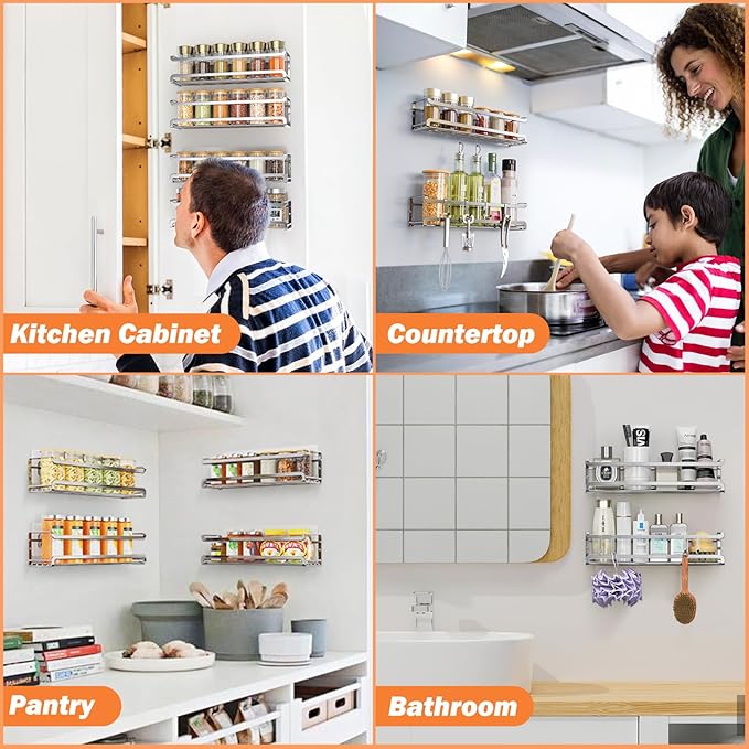 Bunoxea Spice Rack wall mounted 4 Pack, Space-Saving Spice Organizer for Spice Jars and Seasonings,Screw or Adhesive Hanging Spice Rack Organizer for Your Kitchen Cabinet,or Pantry Door,Chrome