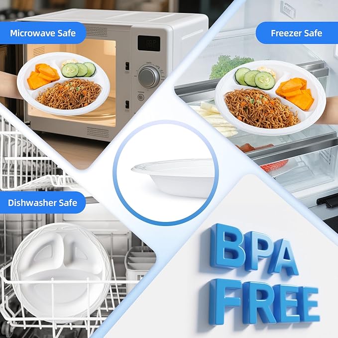 YANGRUI Plastic Plates Shrink Wrap 9" 150 Pack - BPA Free Mineral Filled PP | Reusable & Disposable Microwave Safe Heat-Retention Design | Steakhouse Grade Commercial White 3 Compartment Party Plate
