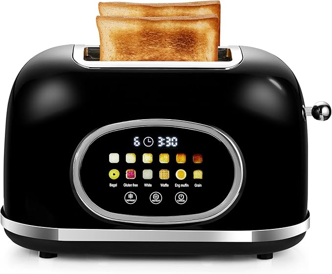 Roter Mond 2 Slice Toaster Smart Touch Screen, Retro Stainless Steel Bread Toaster with Digital Timer, Sleep Mode, Bagel, Cancel, and Defrost Functions, 6 Bread Types and Shade Settings, Black