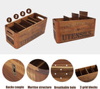 Utensil Holder for Kitchen Countertop - Extra Large 4 Compartment Wooden Organizer in Acacia Wood, Storage for Cooking Tools and Cutlery, Farmhouse Style for Home Cooking