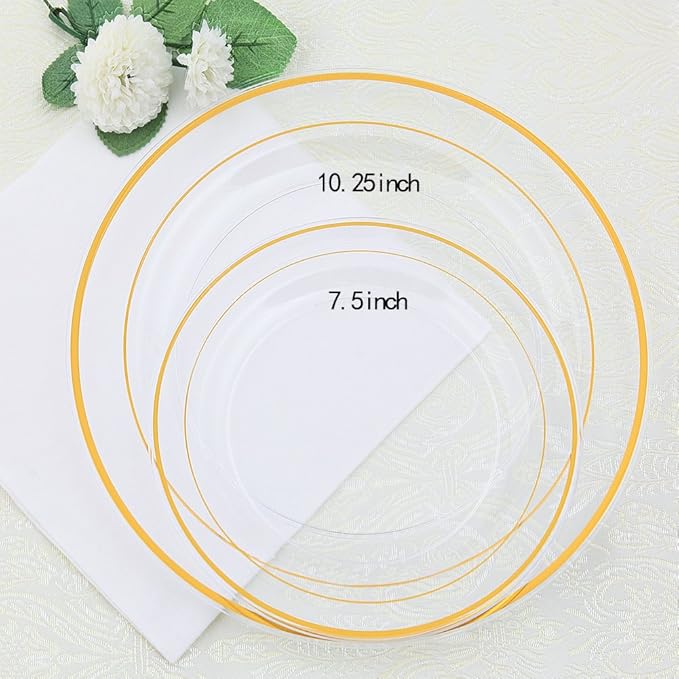 I00000 60 Pcs Clear Gold Plastic Plates, Gold Disposable Plates Includes: 30 Dinner Plate 10.25" and 30 Dessert Plate 7.5 ", Premium Clear Plate Prefect for Wedding and Gold Plates Party/Birthday
