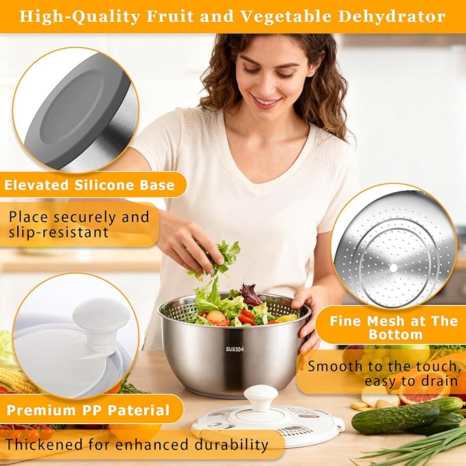 Salad Spinner Stainless Steel, Metal Salad Spinner, Salad Spinner Large, 6l With Pp Cover, Essential Kitchen Tool for Dehydrating Lettuce, Fruits and Vegetables, Pasta, and French Fries