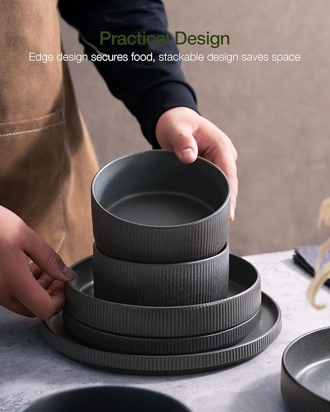 Famiware Star Dinnerware Set with Pasta Bowls, Service for 4 (16pcs), Ribbed Stoneware Plates and Double Bowls Dishes Sets - Chip & Scratch Resistant, Microwave & Dishwasher Safe, Matte Dark Charcoal