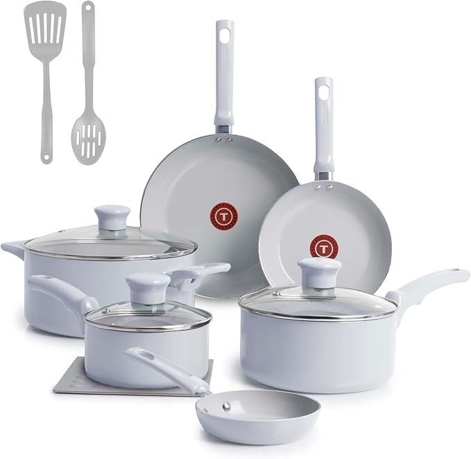 T-Fal Refresh Ceramic Nonstick Cookware Set, 12-Piece Nonstick Cookware, Oven Safe to 350°F, Stockpot, Griddle, Frying Pans, Utensils, Ceramic Pots and Pans Set, Blue