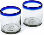 7 oz Hand Blown Mexican Drinking Glasses - Set of 2, 7 fl oz each, Cobalt-Blue Rim
