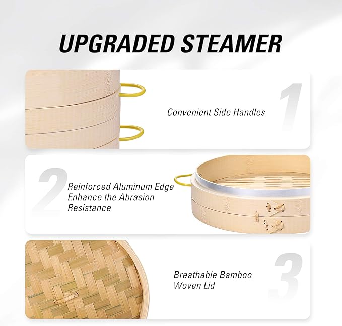 MacaRio Bamboo Steamer Basket Set 10 inch Steamer for Cooking, with Side Handles, Ring Adapter, Paper Liners, for Dim Sum Dumplings Buns Seafoods Vegetables Rice Asian Foods