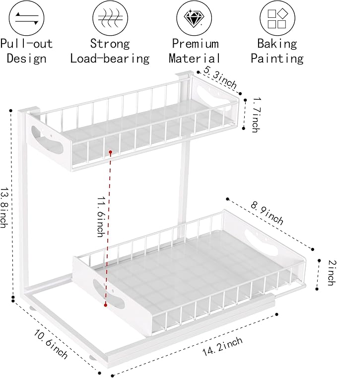 Under Sink Organizer with Pull-Out Drawers,Kitchen Sink Organizer,2 Tier Bathroom Organizers And Storage,Bathroom Accessories Set,White 2 Pack
