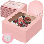 qiqee 12x12x6 Cake Box, 18 Sets Pink Cake Box with Window ＆ 18 Sets 8" Cake Round Boards, 8inch Cake Containers, 10 Meters Silk Ribbon