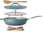 Tramontina All-in-One Plus Pan Set, 5-Quart Ceramic Non Stick Cooking Pan with Lid, Steamer Insert, Bamboo Utensil and Trivet, Blue