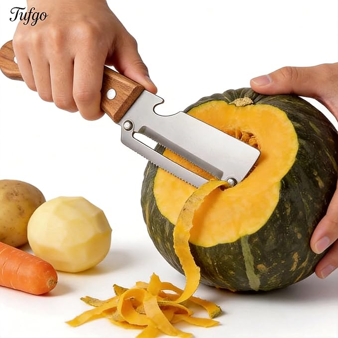 2 Pack 2 in 1 Multi Functional Vegetable Peeler with Bottle Opener and Wooden Handle Stainless Steel Blade Kitchen Tool for Sugar Cane Potato Fruit Pineapple Pumpkin Papaya Carrot Veggie Peeler