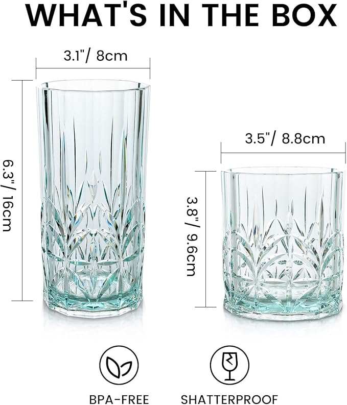 BELLAFORTE Shatterproof Tritan Plastic Drinking Glasses. 13oz & 18oz Water Glasses Set of 4 - Myrtle Beach Glasses Drinking - Unbreakable Tumblers for Parties - BPA Free, Dishwasher Safe (Teal)