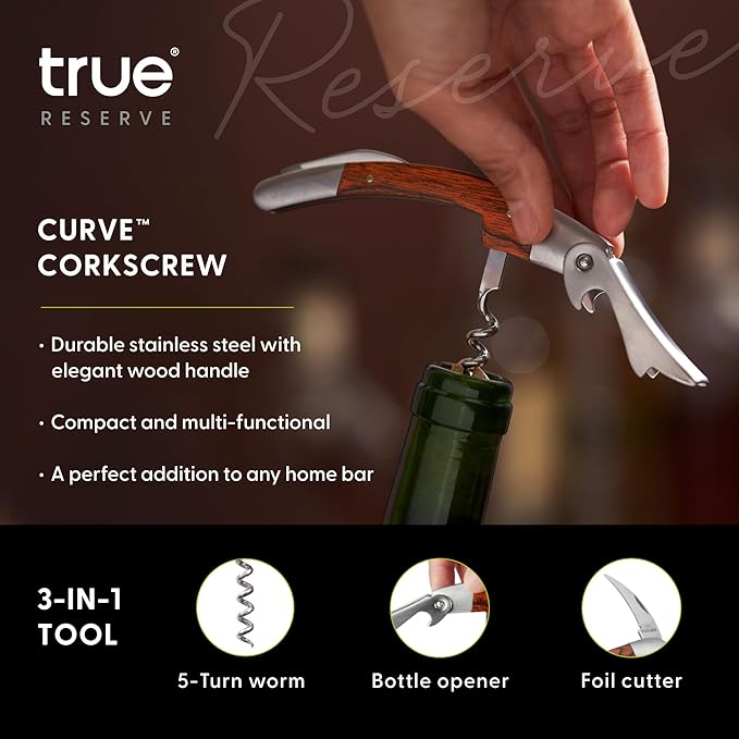 True Reserve Curve Waiters Corkscrew Wine Opener with Foil Cutter, Wood and Stainless Steel, Manual Wine Bottle Opener for Bartenders, Servers, Home Bar Tools, Bar Cart Accessories, Set of 1
