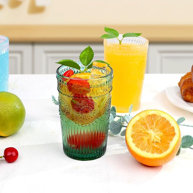 Loivttvv 6pcs Vintage Drinking Glasses Set, 12 oz Atroviens Highball Glasses, Embossed Ribbed Glassware Cups for Cocktail, Water, Juice, Coffee, Whiskey