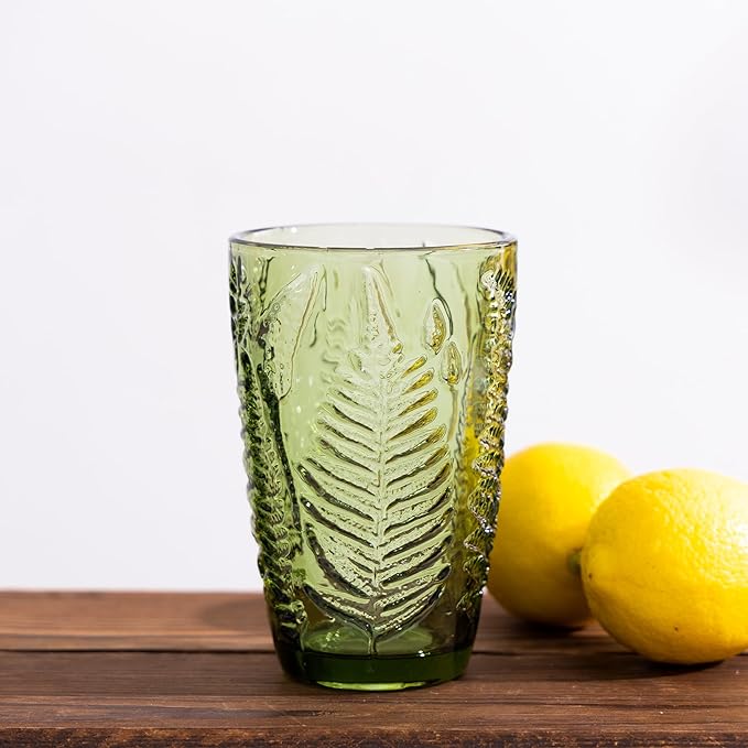 Fashionstorm Green Drinking Glasses Set of 6, Green Fern Glasses Cups 12 oz, Vintage Glassware Colored Glass Cups for Beverages Cocktail Juice Wine, Drinkware Gift Set Housewarming Gift