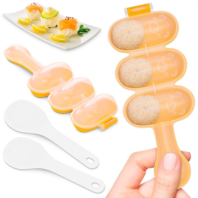 Rice Ball Mold Set – 2 Pack Easy Rice Ball Maker Mold, Sushi & Onigiri Maker with Paddle Spoon for Temari Sushi, Yaki-Onigiri, Omusubi – Three-Ball Molds for Bento, Snacks & Creative Meal Presentation