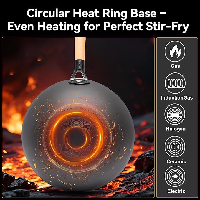 WANGYUANJI 12.6 Inch Flat Bottom Iron Wok with Glass Lid and Wooden Handle, Non-Coated, Naturally Nonstick Stir Fry Pan for Gas, Electric & Induction Stovetops