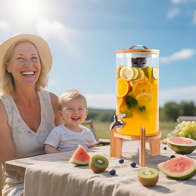 1.3 Gallon Drink Dispenser, Glass Beverage Dispenser with Wood Stand, Lemonade Dispenser with Airtight Valve and Stainless Steel Spigot Fruit Infuser, Thick Drink Dispenser for Parties Restaurants