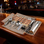 Etens Bartender Travel Kit with Waxed Bag | 22 Piece Bar Set in Roll | Portable Cocktail Tools for Home & Travelling Bartending – Professional Boston Shakers, Unbreakable Melon Squeezer, Accessories