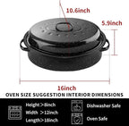 DIMESHY 16Inch Roasting Pan, Enamel on Steel, Black Covered Oval Roaster Pan with Lid, Medium Cookware for Turkey, Small Chicken, Roast Baking Pan.