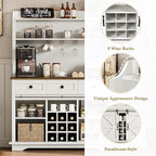 63 Inch Tall Coffee Bar Cabinet with 3-Tier, Kitchen Hutch with 3 Large Drawers, Farmhouse Coffee Bar with 9 Wine Racks & 3 Glass Holders, Wine Storage Cabinet for Living Dining Room, White