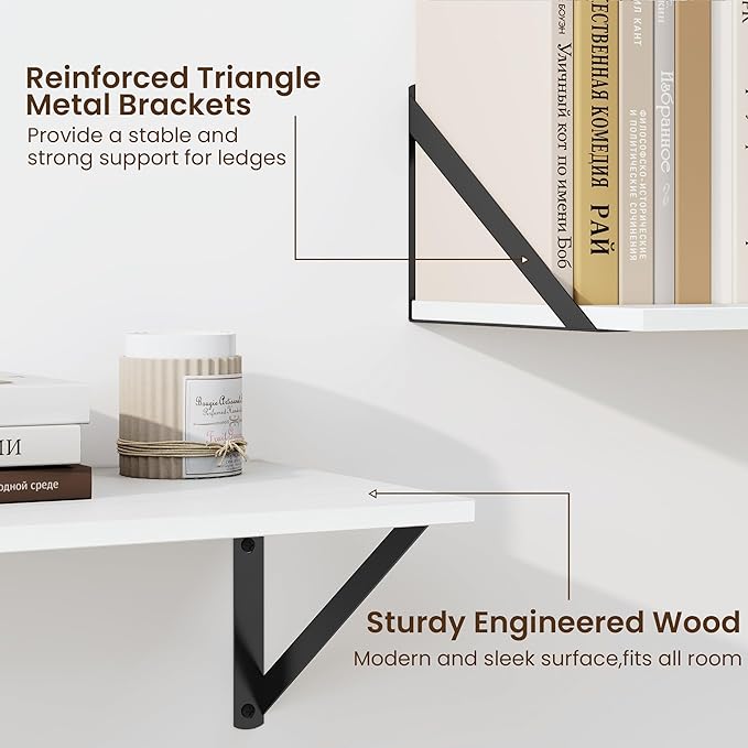 Fun Memories Deep Floating Shelves for Wall, 24W x 8D Wall Mounted Shelves Set of 2, Wide Display Ledge Shelf with Sturdy Metal Brackets for Living Room, Bathroom, Bedroom and Kitchen, White